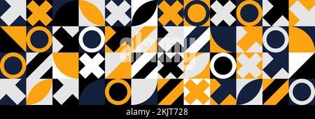 Horizontaler Panoramakanal mit Bauhaus-Muster. Abstraktes geometrisches Vektormuster mit einfachen Formen und hellen und lebendigen Farben. Geometrisch Stock Vektor