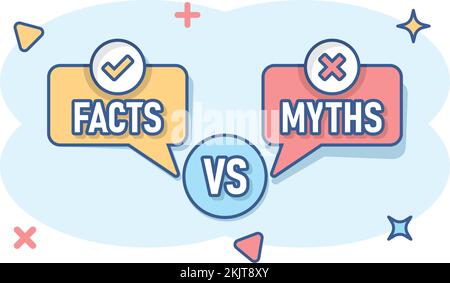 Mythen vs. Fakten im Comic-Stil. Wahre oder falsche Cartoon-Vektordarstellung auf weißem isoliertem Hintergrund. Vergleichsschild Geschäftskonzept Splash ef Stock Vektor