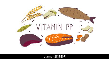 Vitamin B3 Niacinamid Vitamin PP Niacin Nicotinamid. Gruppen von gesunden Lebensmitteln, die Vitamine enthalten. Set aus Obst, Gemüse, Fleisch, Fisch und Dair Stock Vektor