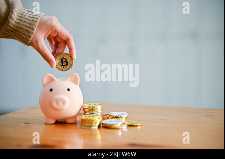 Eine weibliche Hand hält eine goldene Bitmünze und steckt Münzen in eine Schweinebank, einen Stapel goldener Münzen und eine Schweinebank auf einem Holztisch. Investitionen, Geld sparen, Stockfoto