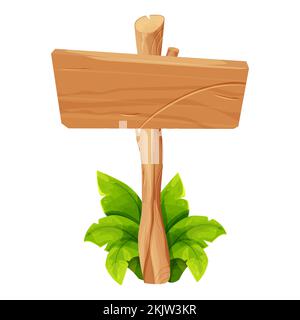 Holztablett, strukturiertes Panel, Schild mit Dschungelblättern im Cartoon-Stil isoliert auf weißem Hintergrund. Rustikales Brett, Planke mit Platz. UI-Spielelemente, ländlicher Hintergrund. . Vektordarstellung Stock Vektor