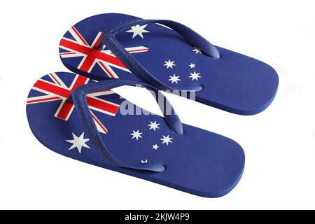 Australian Flag Thongs (Flip Flops) isoliert auf Weiß Stockfoto