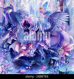 Illustration von pegasus, Einhorn, Drache, Schmetterling und Fee Stockfoto