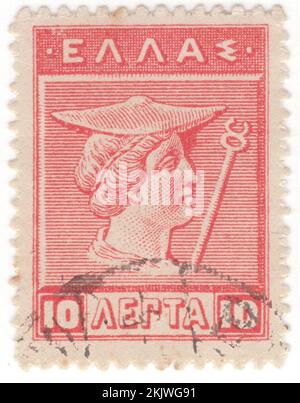 GRIECHENLAND - 1911: Eine Briefmarke mit 10 Leptas-Karminrosen, die Hermes aus dem alten Kretischen zeigt. Die Designs stammen aus kretischen und arkadischen Münzen des 4.. Jahrhunderts, v. Chr., der olympischen Gottheit der antiken griechischen Religion und Mythologie. Mitglied der zwölf Olympischen Spiele. Hermes gilt als Herald der Götter. Er gilt auch als Beschützer menschlicher Heralden, Reisender, Diebe, Händler und Redner. Er kann sich schnell und frei zwischen den Welten des Sterblichen und des Göttlichen bewegen, unterstützt durch seine geflügelten Sandalen Stockfoto