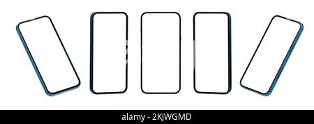 Satz leerer Bildschirme des Smartphone-Modells auf weißem Hintergrund. Isoliertes Handy in fünf Positionen. Vorn, links und rechts. Isolierter Bildschirm für Mocku Stockfoto