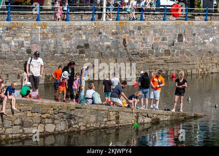 Urlauber, die Krabben auf der Slipway des Torquay Harbour angeln. Stockfoto