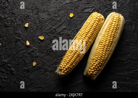 Zwei Ohren Mais Zea mays auf dunklem Steinhintergrund Stockfoto