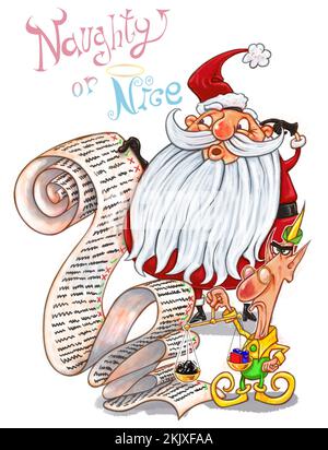 Weihnachtskunst Weihnachtsmann / Weihnachtsmann und Elf gehen durch die unartigen oder schönen Listen, Anzug Grußkarte, Weihnachtskarte, redaktioneller Newsletter Stockfoto