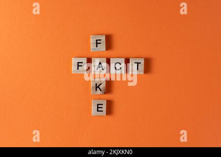 Falsche Wortfolge in Holzbuchstaben. Motivation und Slogan. Orangefarbener Hintergrund. Stockfoto