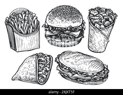 Skizze eines Fast Food-Sets. Burger, pommes Frites, Burrito, Sandwich, Tacos. Street Food, Takeaway-Konzept-Vektordarstellung Stock Vektor