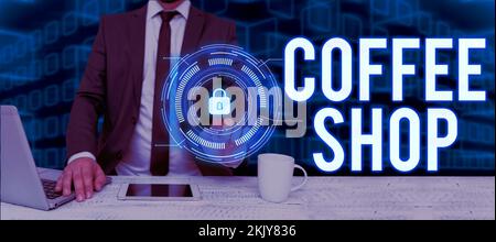 Schriftzug mit Text Coffee Shop. Kleines Fotorestaurant mit ungezwungener Atmosphäre, in dem Kaffee und leichte Erfrischungen serviert werden Stockfoto