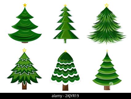 Grüner Weihnachtsbaum mit gelbem Stern. JPEG-Abbildung für Aufkleber, Erstellen von Mustern, Tapeten, Geschenkpapier, für Postkarten, Entwurf . Stockfoto