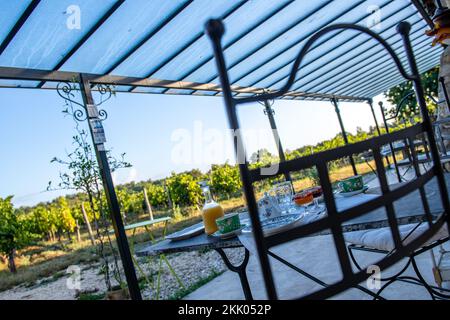 Das Frühstück wird auf dem alten Stallhof mit Blick auf die Weinreben serviert, die in der französischen Landschaft reifen Stockfoto