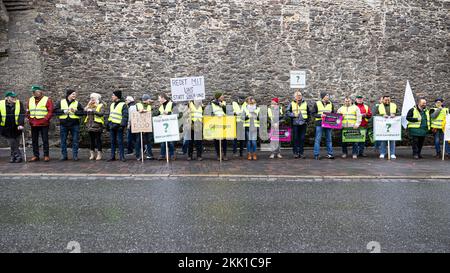 Goslar, Deutschland. 25.. November 2022. Teilnehmer einer menschlichen Bauernkette in der Innenstadt von Goslar stehen an einer Straße mit Protestschildern. Die Landwirte möchten ihre Situation mit verschiedenen Maßnahmen während der Konferenz der Umweltminister hervorheben. Kredit: Michael Matthey/dpa/Alamy Live News Stockfoto