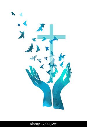 Blaues religiöses Kreuz in der Hand. Fliegende Vögel der Welt. Vektordarstellung Stock Vektor
