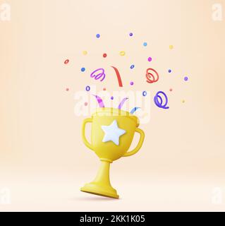 3D Preisträger-Symbol mit goldenem Pokal, goldene Gewinner-Stars mit Objekten, die herumschweben Stock Vektor