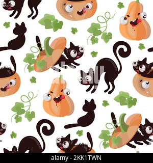 HALLOWEEN-Katzenklops flaches Design Nahtloses Muster lustiger Cartoon Hand gezeichnet nahtlose Muster Vektor-Illustration zum Drucken Stock Vektor
