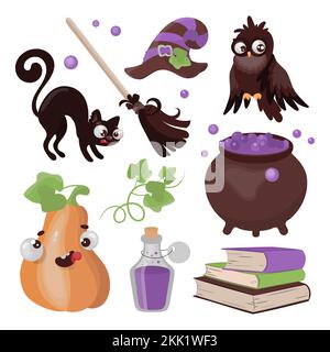 HALLOWEEN COLLECTION – von Hand gezogener, flacher Cartoon Clip Art Magic Horror Holiday Vector – Illustrationsset für den Druck Stock Vektor