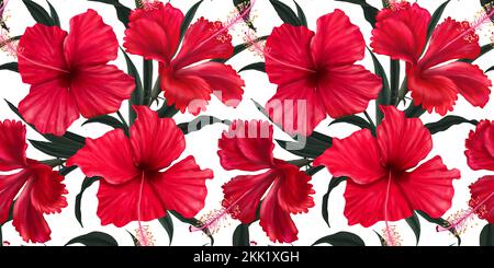 Schöne rote Hibiskusblüten. Nahtlose tropische Tapete. Exotisches tropisches Muster. Handgezeichnete 3D-Abbildung für Stoff, Tapete, Papier. Stockfoto
