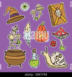 HALLOWEEN-AUFKLEBER farbenfrohe handgezeichnete Pudelobjekte Alchemisch Astrologisches und okkultes himmlisches Set magisches Zubehör Cartoon Vector Ill Stock Vektor