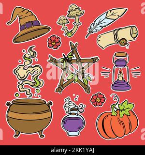 HALLOWEEN STICKER SET farbenfrohe handgezeichnete Pudelobjekte Skizzieren Alchemische Astrologie und Occult Celestial Pack Magische Accessoires Cartoon Vector Illus Stock Vektor