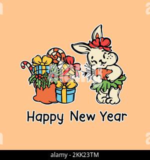 HAPPY NEW YEAR RABBIT Cartoon Sketch Sticker with Congratulating Text Outlines Cute Rabbit Girl Hugs Karotten Weihnachtsgeschenke in Schachteln und Süßigkeiten Christma Stock Vektor