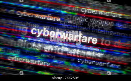 Schlagzeilen in den internationalen Medien mit Cyberwarfare, Cyberangriffen, Sicherheit und Krieg. Abstraktes Konzept von Nachrichtentiteln auf Lärmdisplays. Der Fernseher glitzerte Stockfoto