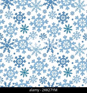 Nahtloses süßes Wintermuster mit blauen Schneeflocken auf weißem Hintergrund. Grußkartendesign, Textil, Stoff. Stockfoto