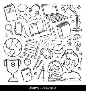 HOME SCHOOL SCHWARZWEISS-handgezogene Vektorsammlung verschiedene Schulmaterialien für das Konzept Online-Lernen von Schülern im Internet im Doodle-Stil Stock Vektor