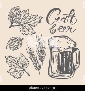 HOPFEN UND BIER leckeres Getränk im Becher mit Schaum und Ohren von Weizen und Hopfenzapfen handgeschriebenes handgeschriebenes handgezeichnetes Bier handgezeichneter Monochrom-Zeichentrickfilm Vector Ill Stock Vektor