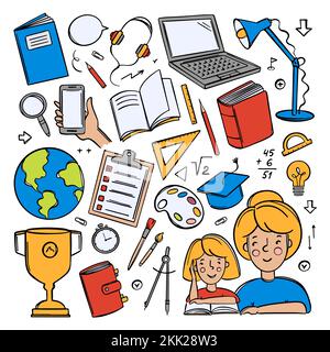 HOME SCHULSET Handgezogene Vektorsammlung verschiedene Schulmaterialien für das Konzept Online-Lernen von Schülern im Internet im Doodle Style für De Stock Vektor