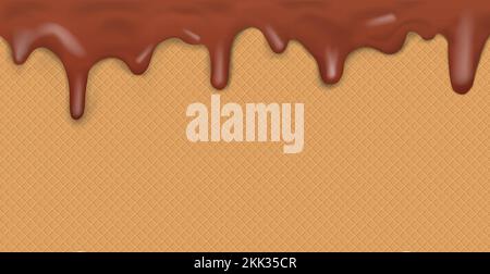 Süßes, nahtloses Panorama-Eismuster mit tropfender dunkler Schokoladenglasur und Waffelstruktur – Vektordarstellung Stock Vektor