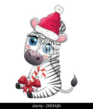 Süßes Zebra in rotem weihnachtsmannmütze mit weihnachtsball, Bonbon kane, Geschenk. Tierfreunde Zeichentrickfigur. Stock Vektor