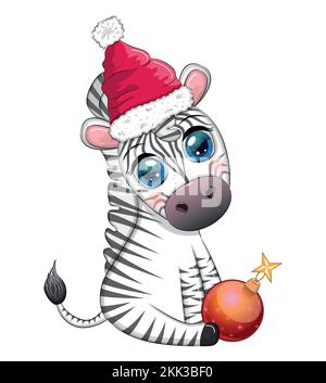 Süßes Zebra in rotem weihnachtsmannmütze mit weihnachtsball, Bonbon kane, Geschenk. Tierfreunde Zeichentrickfigur. Stock Vektor