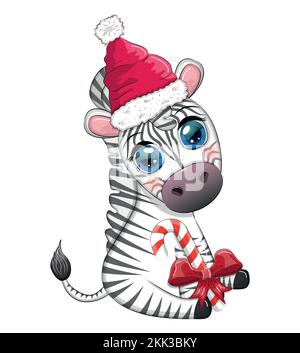 Süßes Zebra in rotem weihnachtsmannmütze mit weihnachtsball, Bonbon kane, Geschenk. Tierfreunde Zeichentrickfigur. Stock Vektor