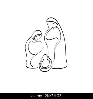 Strichkunst-Krippenszene der weihnachtszeichnung Vektor von Hand gezeichnet, isoliert auf weißem Hintergrund Stock Vektor