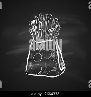 Handgezeichnete Pommes frites in einem Papierpack. Ungesunde Lebensmittel. Isoliert auf einem Schwarzen Brett. Realistische Doodle Cartoon Style Handgemalte Sketch Illustra Stock Vektor