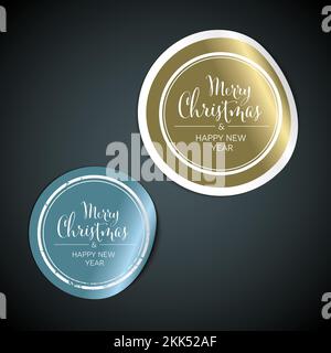 Weihnachtsaufkleber „Vector“ – Silber und Gold auf dunklem Hintergrund mit dem Text „Merry Christmas and happy New year“ (Frohe Weihnachten und ein frohes neues Jahr) auf dem kreisförmigen Etikett Stock Vektor