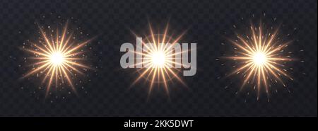 Lichtreflexionen auf transparentem Hintergrund isoliert. Objektivblitze, Bokeh, Glitzer, Meteoren, leuchtende Sterne. Stock Vektor