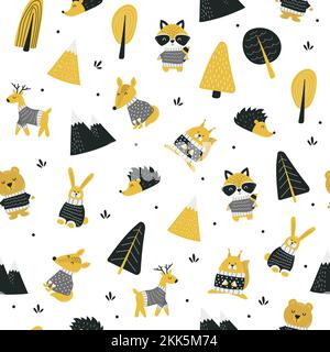 Hand skandinavische Tiere im Wald gezeichnet, nahtlose Muster. Im skandinavischen Stil mit traditionellen Motiven. Vector Illustration. Stock Vektor
