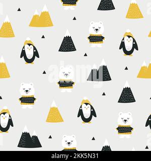 Süßes, nahtloses Muster mit Eisbär, Pinguin und Bergen. Handgezogenes nordisches Design für Kinder. Hintergrund der Wintervektordarstellung. Stock Vektor