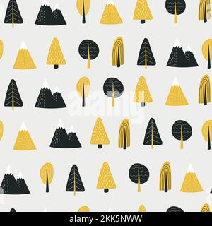 Nahtloses Vektormuster mit handgezeichneten Kritzelbäumen Wald und Berge für Geschenkverpackungen und Textilien. Schwarz, Gold, Weiß. Stock Vektor