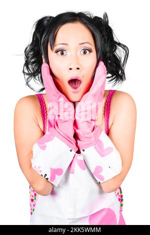 Nahaufnahme Porträt eines schönen überrascht asiatischen Mädchen hält ihren Mund offen mit Schock. Was für ein Chaos! Auf weißem Hintergrund Stockfoto