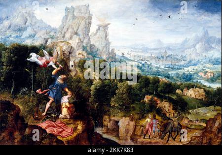 Landschaft mit dem Angebot von Isaac vom flämischen Künstler, Herri Met de Bles (ca. 1490 - nach 1566), Öl auf Panel, ca. 1540 Stockfoto