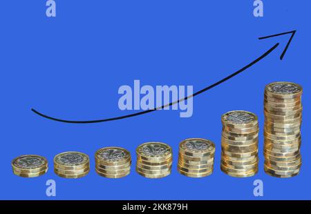 Sieben Stapel Münzen mit einem Pfund in zunehmender Größe und ein schwarzer Pfeil auf blauem Hintergrund, der der Linie der Erhöhung folgt. Der Anstieg von CO Stockfoto