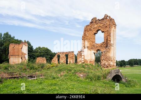 Ruine eines alten verlassenen Backsteingebäudes in natürlicher Umgebung im Sommer Stockfoto