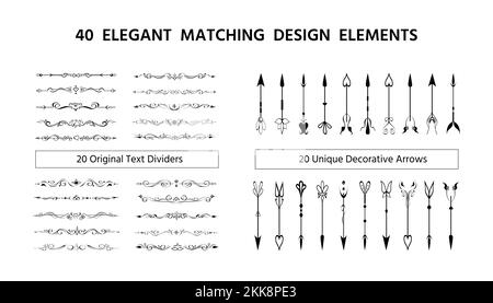 Satz mit 20 Textteilern und 20 dekorativen Pfeilen Stock Vektor