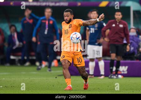 DOHA, KATAR - NOVEMBER 25: Memphis Depay of the Netherlands während des Spiels Gruppe A - FIFA Weltmeisterschaft Katar 2022 zwischen den Niederlanden und Ecuador im Khalifa International Stadium am 25. November 2022 in Doha, Katar (Foto: Pablo Morano/BSR Agency) Stockfoto