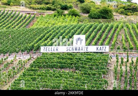 Zell, Deutschland - 25. Juli 2020: Panoramasicht auf die Weinberge mit der Marke Zeller schwarze Katze am Weinberg. Stockfoto