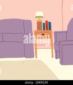 Innenraumszene. Gemütliche Wohnzimmereinrichtung im Cartoon-Vektorstil. Sofas, Couchtisch mit Büchern und Lampe. Vektordarstellung Stock Vektor